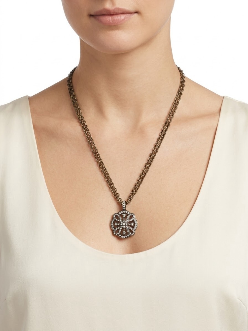 JK Vintage-Style Bronze Pendant Necklace with Clear Crystal Accents 32”